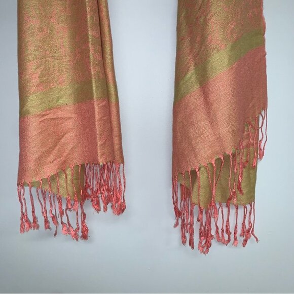Pashmina Silk Scarf Coral Orange Gold Yellow Fringe Long‎ Lightweight - Picture 4 of 9